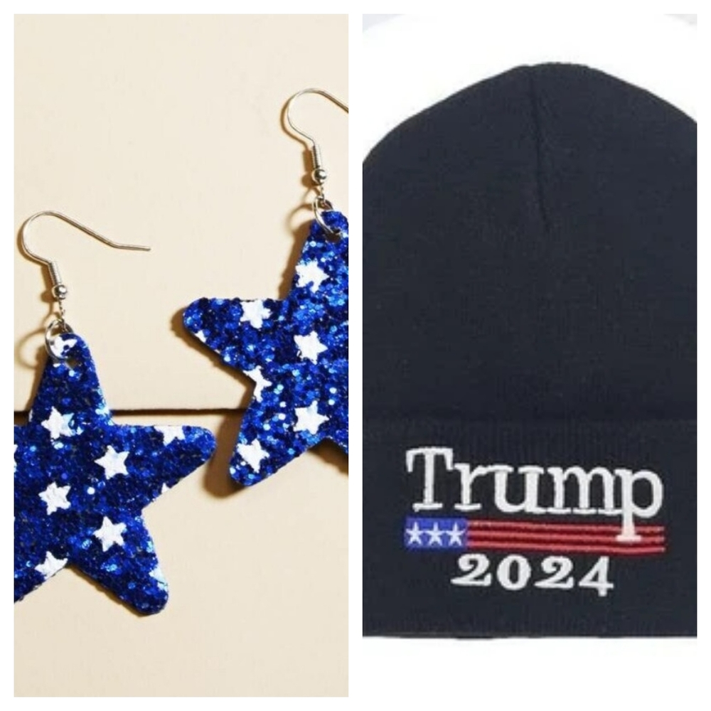 Trump 2024 beanie and star spangled earrings!